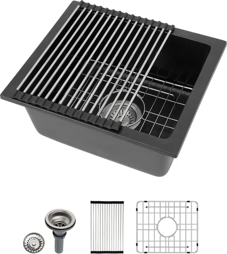 Miniatura 14 de Dcolora Fregadero de Barra de Composite de Cuarzo de 22 Pulgadas Negro Bajo Encimera Pequeño Fregadero de Cocina de Composite de Granito Prep RV