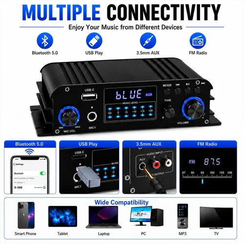 Miniatura 3 de Romicta Amplificador estéreo Bluetooth 5.0 de 4 canales, amplificador de potencia HiFi de 50 Wx4, 1200 W máximo, USB/SD/FM, receptor de audio