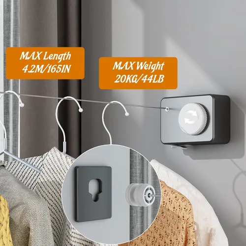 Miniatura 4 de Tendedero retráctil para interiores, línea de ropa que no se hunde que se retrae al aire libre, juego de línea de ropa montada en la pared