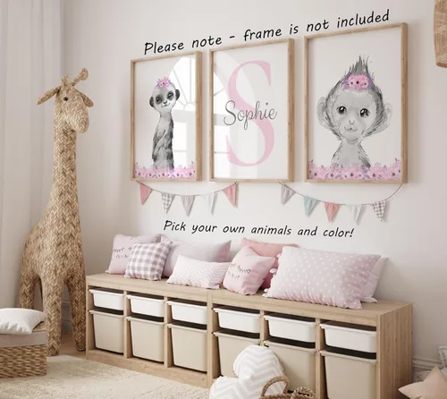 Miniatura 6 de Juego de 3 pósteres de animales de safari para niñas, habitación del bebé, sin marco, con nombre personalizado, flores rosas o moradas, decoración