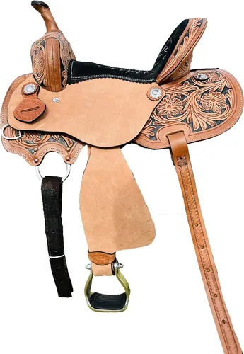 RESISTANCE Western Kids - Sillín de caballo para montar a caballo, silla de montar a caballo para niños jóvenes, de cuero auténtico, diseño floral,