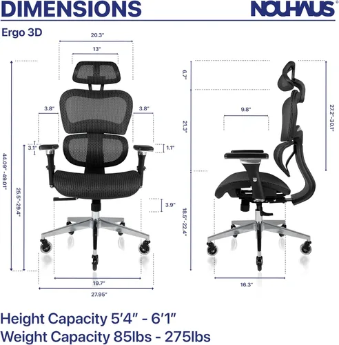 Miniatura 2 de Nouhaus Ergo3D - Silla ergonómica de oficina con soporte lumbar de malla con reposabrazos ajustable 4D, reposacabezas y ruedas ajustables, respaldo
