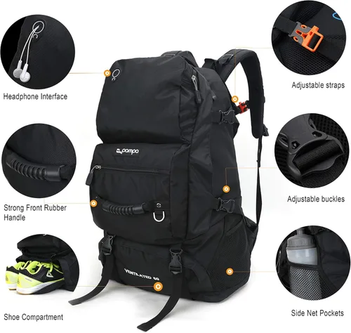 Miniatura 3 de Mochilas impermeables de tamaño 45L o 60 L para viajes de corta y larga distancia, deportes al aire libre, montañismo, senderismo, camping, Negro