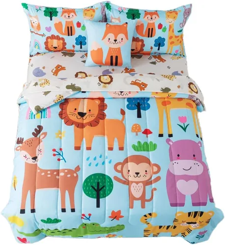 Miniatura 9 de lishjekee Juego de edredón de 6 piezas con diseño de animales de la selva para niños, juego de ropa de cama en una bolsa para niños y niñas