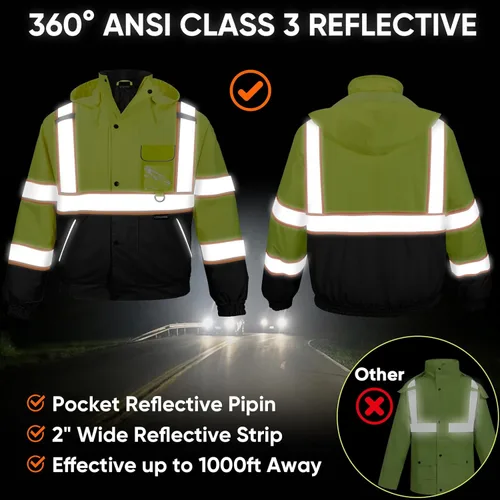 Miniatura 6 de TICONN Waterproof Safety Bomber Jacket, Winter Rain Jacket Hi Vis Reflective, ANSI Class 3 Work Rain Coat Amarillo y negro