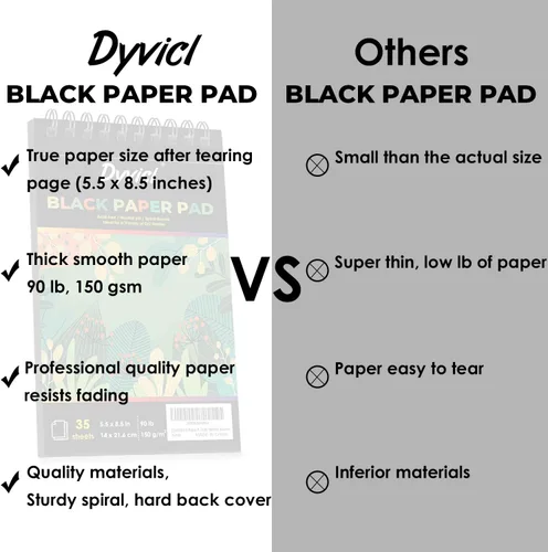 Miniatura 8 de Dyvicl Cuaderno de bocetos profesional de papel negro de 5.5 x 8.5 pulgadas, 35 hojas de papel de dibujo pesado de 150 GSM para bolígrafos de gel