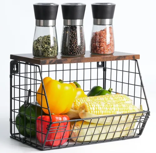 Miniatura 10 de Wawocs Tazón de frutas de 2 niveles, cesta de frutas para encimera de cocina, cesta apilable, cesta colgante montada en la pared, cestas de alambre