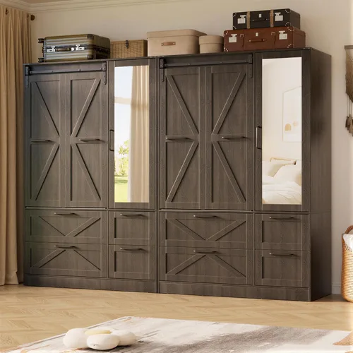 Miniatura 11 de PAKASEPT Armario Armario con puerta corrediza plegable de granero, Armario para dormitorio con espejo y luces LED, barra para colgar, Armario