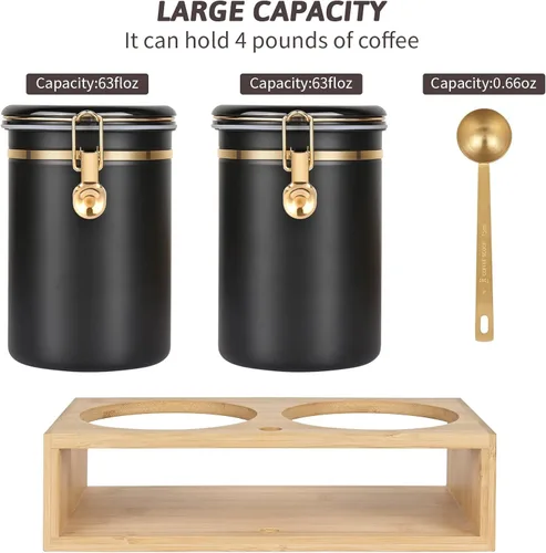 Miniatura 3 de Yangbaga Botes de café de acero inoxidable 304 para café molido, 2 recipientes de café de 63 onzas con estante de almacenamiento de granos de café