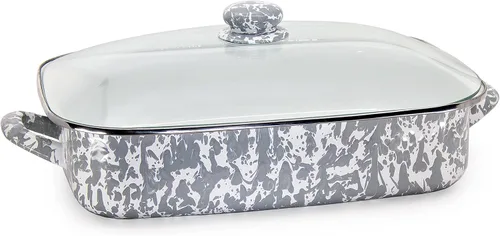Miniatura 8 de Golden Rabbit Enamelware - Sartén para asar con tapa, 10.5 cuartos de galón, Black Swirl