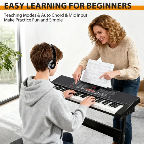 Miniatura 7 de ZENY Piano de teclado eléctrico portátil de 61 teclas con altavoces integrados, pantalla LED, auriculares, micrófono, soporte para piano, soporte