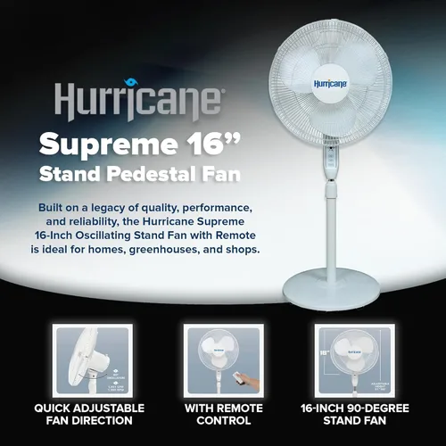 Miniatura 2 de Hurricane Ventilador de pedestal oscilante para el hogar y el dormitorio, 16 pulgadas supremo, blanco, ventilador eléctrico portátil de pie