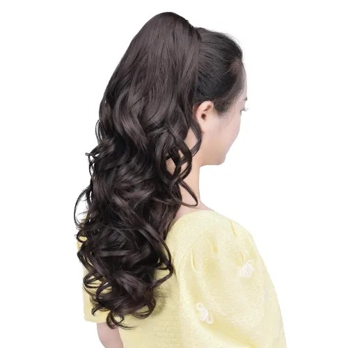 Miniatura 5 de Cola de caballo sintética con clip marrón, cola de caballo falsa de 22 pulgadas, 5.3 onzas, extensiones de cabello negro ondulado, extensiones