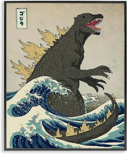 Stupell Industries 'Nautical Godzilla Eastern Style Illustration', arte giclée enmarcado, negro, 11 x 14 pulgadas, fácil de colgar y resistente,