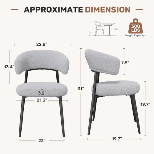 Miniatura 2 de Juego de 6 sillas de comedor, sillas de cocina estilo de mediados de siglo moderno, silla de comedor tapizada en bouclé con respaldo curvo y patas
