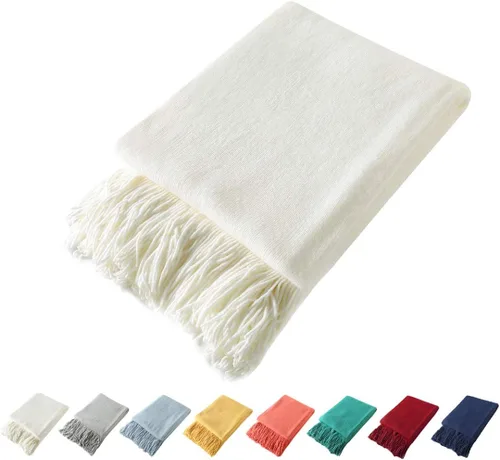 Miniatura 11 de Homiest - Manta decorativa de punto con flecos, manta ligera y suave tejida de acrílico con borlas para sofá, sillón, cama