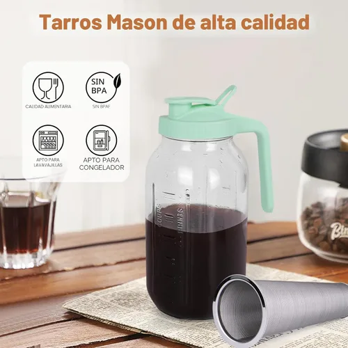 Miniatura 3 de Cafetera de preparación en frío, jarra Mason de boca ancha de 64 oz con filtro de acero inoxidable, tapa con asa y pico vertedor, vidrio resistente