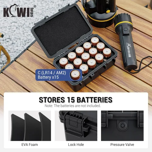 Miniatura 2 de KIWIFOTOS Organizador de baterías C con 15 ranuras para almacenamiento, resistente al agua, IP67, impermeable, celda C, LR14, contenedores alcalinos