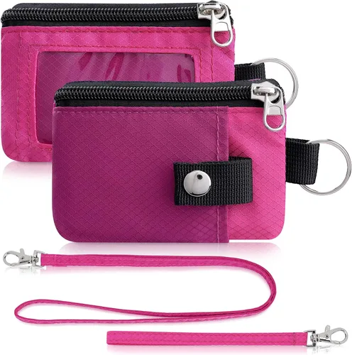 Cartera minimalista para hombres y mujeres, llavero con bloqueo RFID, con cremallera, pequeña cartera con ventana de identificación, 2 cordones,