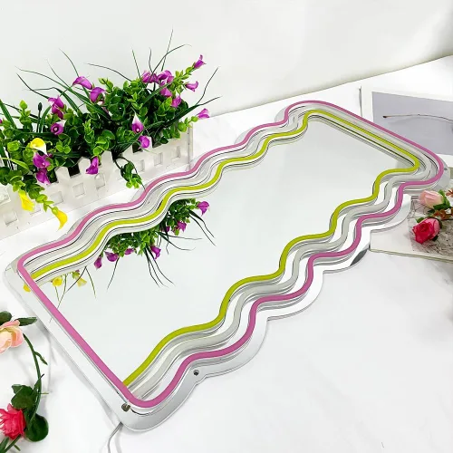 Miniatura 6 de jXIN Letreros de neón de espejo ondulado para decoración de pared, espejos decorativos irregulares montados en la pared con luces de neón regulables