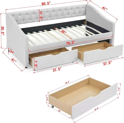 Miniatura 2 de Sofá cama individual con 2 cajones, moderno sofá cama tapizado con botón en la espalda y clavos de cobre en los brazos, sofá cama, marco de cámara