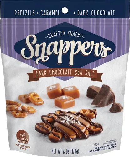 Miniatura 12 de Edward Marc Snappers Racimo de Caramelo Dulce y Pretzels - Bocadillo Crujiente de Pretzel con Chocolate Negro y Sal Marina para Adultos y Niños - 6