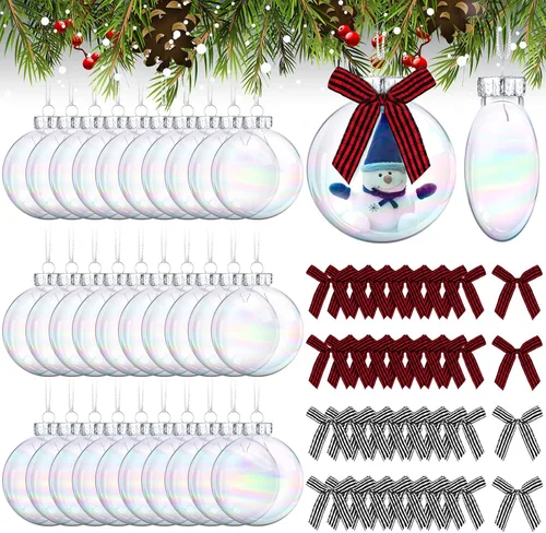 Miniatura 8 de Yookeer 64 discos de plástico para adornos navideños, bolas de plástico iridiscentes transparentes rellenables con tapa plateada y lazos a cuadros
