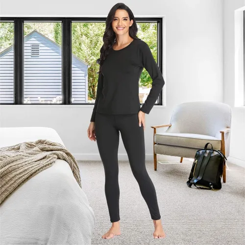 Miniatura 6 de Conjunto de ropa interior térmica para mujer con forro polar ligero ultra suave, juego largo de John que absorbe la humedad, Negro