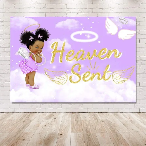 Miniatura 6 de MEHOFOND Telón de fondo para fiesta de baby shower, 7 x 5 pies, cielo morado, nube, blanco, alas de ángel, decoración de alas de ángel, regalo