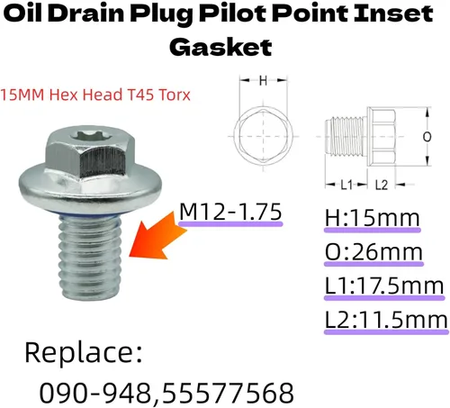 Miniatura 2 de 6 tapones de drenaje de aceite M12-1.75, cabeza hexagonal de 0.591 in con Torx T45, compatible con vehículos GMC Buick Cadillac Chevrolet 2013-2022