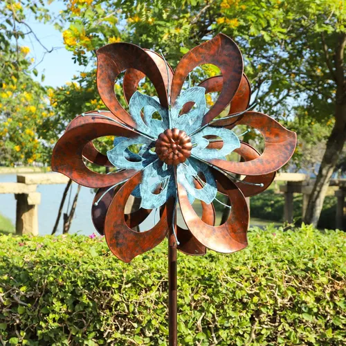 Pure Echo Molino de viento de jardín, molino de viento cinético de flores, escultura de viento de metal para exteriores, grande, 23 pulgadas de