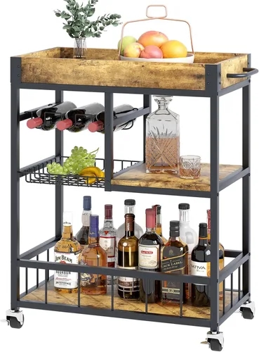 Miniatura 12 de Carro de servicio para bar con soporte para vino de 3 niveles, carrito móvil para el hogar, con ruedas, carrito de cocina industrial