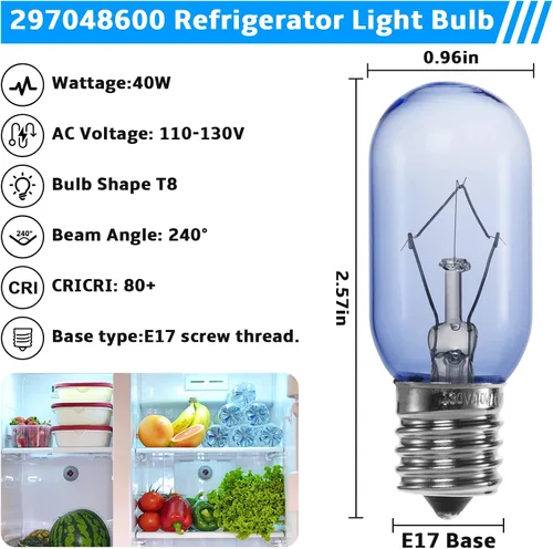 Miniatura 2 de 297048600 Bombilla para refrigerador 40 W para Frigidaire Kenmore Whirlpool KitchenAid Electrolux 241552802 AP3770086 AP3867287 AH976993 EA976993