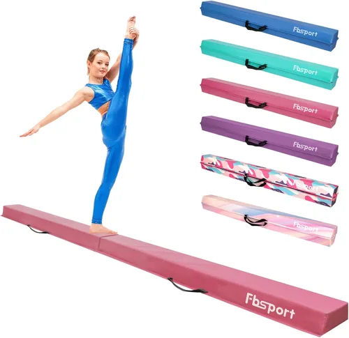 FBSPORT Viga de Equilibrio de 8/10 Pies: Equipo de Gimnasia de Piso Plegable de Cuero PU para Niños y Adultos, Base de Goma Antideslizante, Viga de