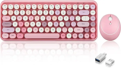 Perixx PERIDUO-713 - Mini teclado inalámbrico y mouse, tapas redondas retro, rosa pastel, diseño en inglés de EE. UU