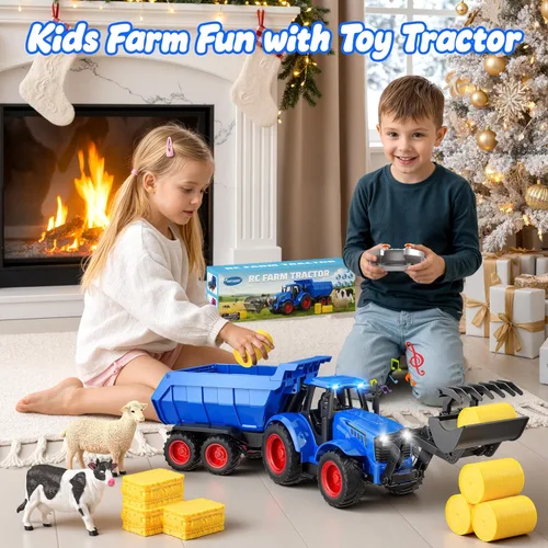 Miniatura 6 de Funwee Juego de Juguete de Tractor RC con Luz y Sonido, Coche de Granja para Niños con Remolque de Animales, Ruedas, Camión a Control Remoto, Azul