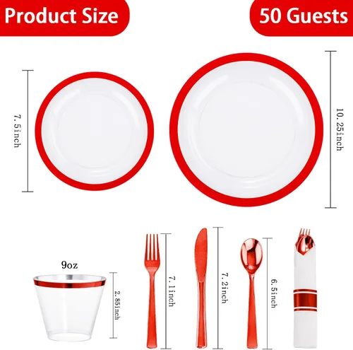 Miniatura 5 de I00000 Juego de vajilla roja de 350 piezas para 50 invitados, 50 platos de cena y 50 platos de postre, 50 tazas, 50 servilletas preenrolladas