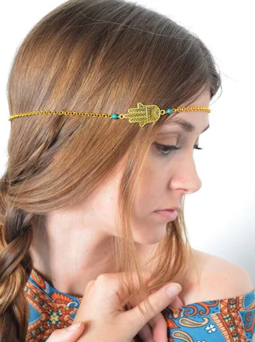 Miniatura 2 de DoubleNine Boho Hand of Hasma Fatima - Collar de cadena de cabeza turquesa para novia, boda, diadema, accesorios para el cabello, pieza de pelo