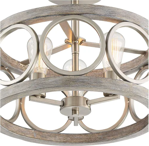 Miniatura 3 de Franklin Iron Works Salima - Lámpara de techo industrial rústica de 16 pulgadas de ancho, 3 luces con acabado de madera gris níquel cepillado