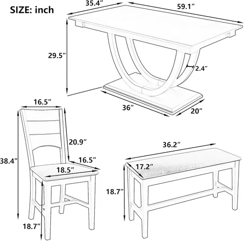 Miniatura 4 de Merax Juego de mesa de comedor de granja de 6 piezas, mesa de cocina media redonda de madera de 59.1 pulgadas con 4 sillas de comedor y banco largo
