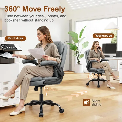 Miniatura 5 de Silla de oficina de piel, sillas de escritorio de computadora de poliuretano mejoradas con cojín de asiento de doble capa y reposaespaldas, Gris