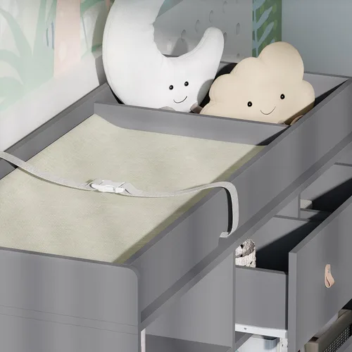 Miniatura 5 de Cambiador de bebé con 5 cajones, cómoda para cuarto de bebé con cesta de lavandería inclinable, organizador de cambiador infantil para guardería