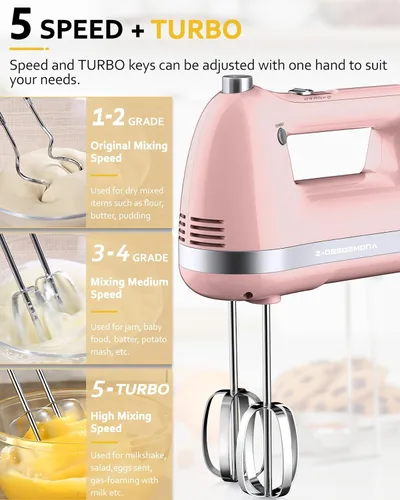 Miniatura 4 de Batidora de mano eléctrica, batidora de mano eléctrica potente de 300W con batidores 304, gancho para masa, batidora de mano con turbo para hornear