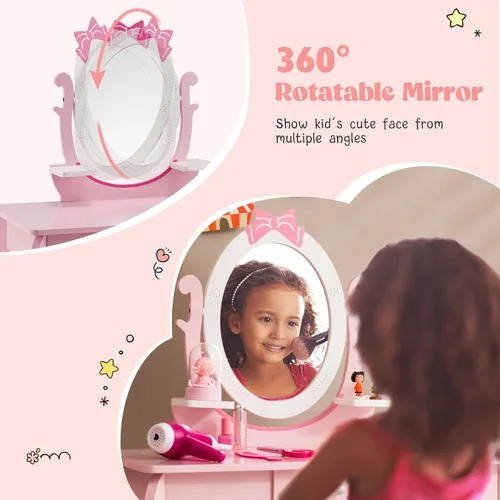 Miniatura 5 de HONEY JOY Juego de tocador para niños, Espejo ovalado de rotación 360 grados, juego de tocador de maquillaje de princesa para niñas pequeñas, juego