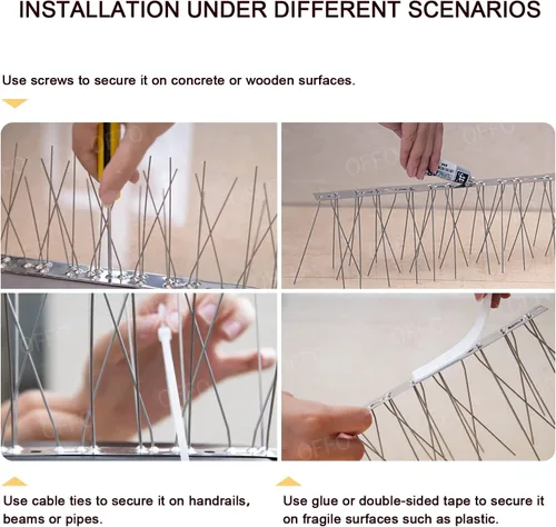 Miniatura 5 de OFFO - Púas anti-pájaros con base de acero inoxidable, cubre 73.7 pies (22.5 m), kit de púas duraderas para palomas, púas en forma de flecha, kit