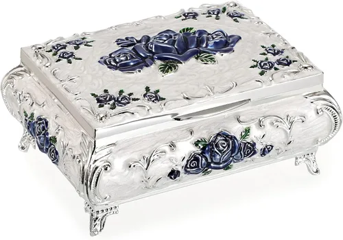 Vintage Jewellery Box,Jewelry Treasure Box,Vintage Metal Small Jewelry Box Trinket Box with Red Flower Pattern, Retro Trinket Storage Box Jewelry