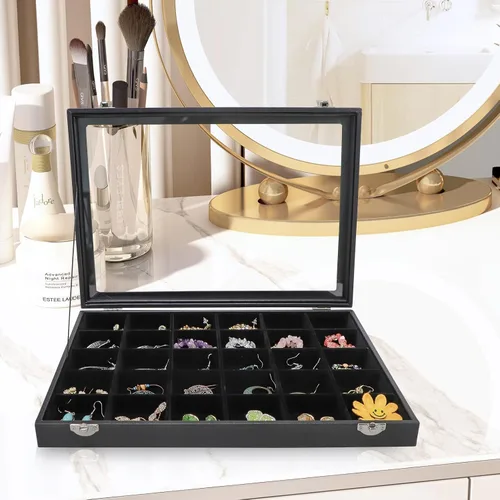 Miniatura 2 de Wudygirl Bandeja organizadora de joyas con tapa transparente de 30 rejillas, apilable, caja de almacenamiento de joyas, anillos, aretes, collares