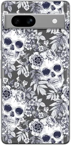 Blingy's Funda para Google Pixel 7a, divertido diseño de calavera floral, diseño retro vintage, transparente, suave TPU (6.1 pulgadas) (calaveras