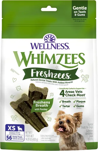 WHIMZEES Wellness Freshzees Golosinas dentales para perros, barra de tamaño extra pequeño, (56 unidades)