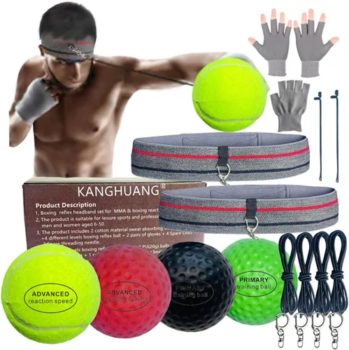 Juego de pelotas de reflejo para boxeo con diadema para entrenamiento de reacción de MMA, juego de 4 pelotas de diferentes niveles + 2 diademas